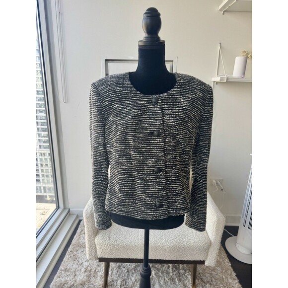 Express Black White Stripe Tweed Button Front Jacket Size Large NEW - Picture 1 of 5